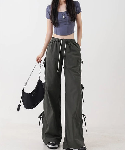 カーゴパンツ サイドリボン ワイドパンツ レディース ウエストゴムストレートパンツ カジュアル ゆったりロングパンツ 体型カバーボトムス 春夏イージーパンツ韓国風 87DKFSH-004
