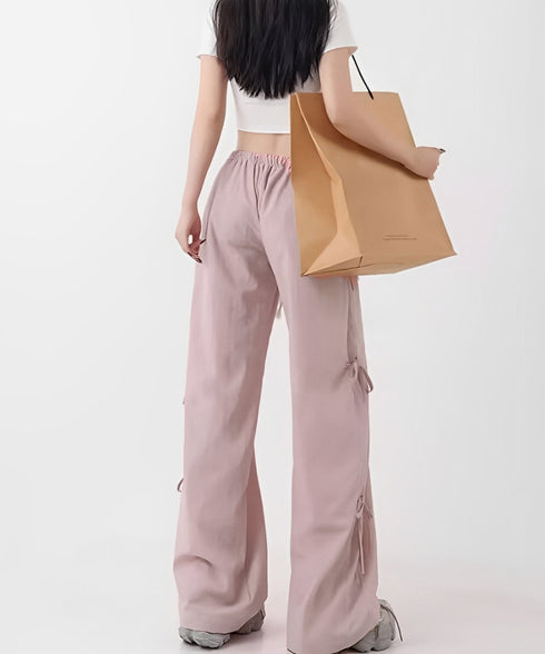 カーゴパンツ サイドリボン ワイドパンツ レディース ウエストゴムストレートパンツ カジュアル ゆったりロングパンツ 体型カバーボトムス 春夏イージーパンツ韓国風 87DKFSH-004