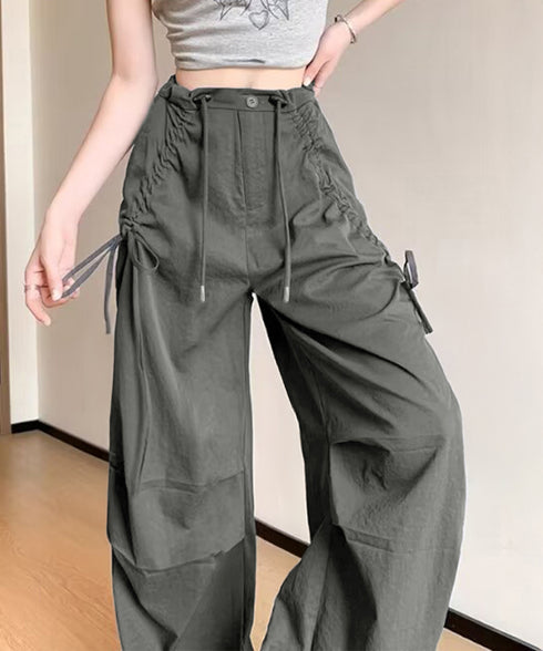 サイドドロスト カーゴパンツ レディース 涼しい速乾ワイドパンツ ゆったり ハイウエストドライパンツ ストリートカジュアルパンツ おしゃれ リボンスポーティパンツ 87DKFSH-005