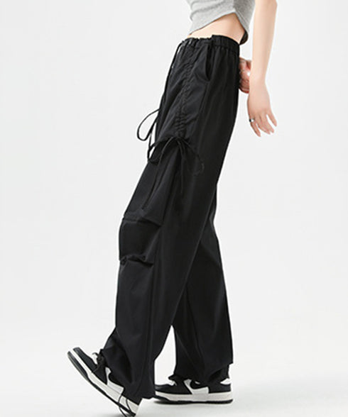 サイドドロスト カーゴパンツ レディース 涼しい速乾ワイドパンツ ゆったり ハイウエストドライパンツ ストリートカジュアルパンツ おしゃれ リボンスポーティパンツ 87DKFSH-005
