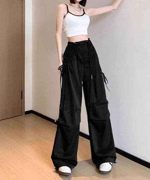 サイドドロスト カーゴパンツ レディース 涼しい速乾ワイドパンツ ゆったり ハイウエストドライパンツ ストリートカジュアルパンツ おしゃれ リボンスポーティパンツ 87DKFSH-005