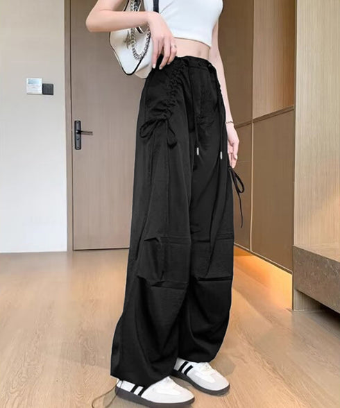 サイドドロスト カーゴパンツ レディース 涼しい速乾ワイドパンツ ゆったり ハイウエストドライパンツ ストリートカジュアルパンツ おしゃれ リボンスポーティパンツ 87DKFSH-005