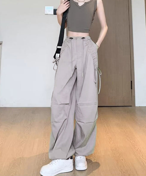 サイドドロスト カーゴパンツ レディース 涼しい速乾ワイドパンツ ゆったり ハイウエストドライパンツ ストリートカジュアルパンツ おしゃれ リボンスポーティパンツ 87DKFSH-005