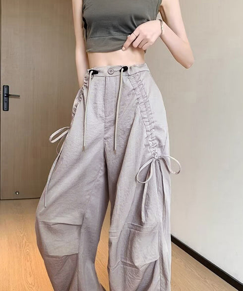 サイドドロスト カーゴパンツ レディース 涼しい速乾ワイドパンツ ゆったり ハイウエストドライパンツ ストリートカジュアルパンツ おしゃれ リボンスポーティパンツ 87DKFSH-005