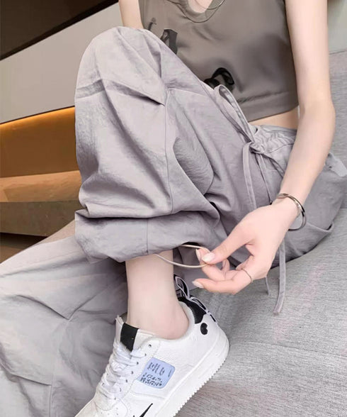 サイドドロスト カーゴパンツ レディース 涼しい速乾ワイドパンツ ゆったり ハイウエストドライパンツ ストリートカジュアルパンツ おしゃれ リボンスポーティパンツ 87DKFSH-005