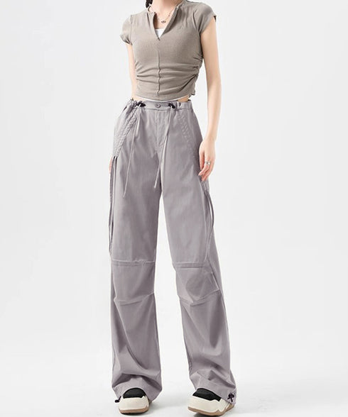 サイドドロスト カーゴパンツ レディース 涼しい速乾ワイドパンツ ゆったり ハイウエストドライパンツ ストリートカジュアルパンツ おしゃれ リボンスポーティパンツ 87DKFSH-005