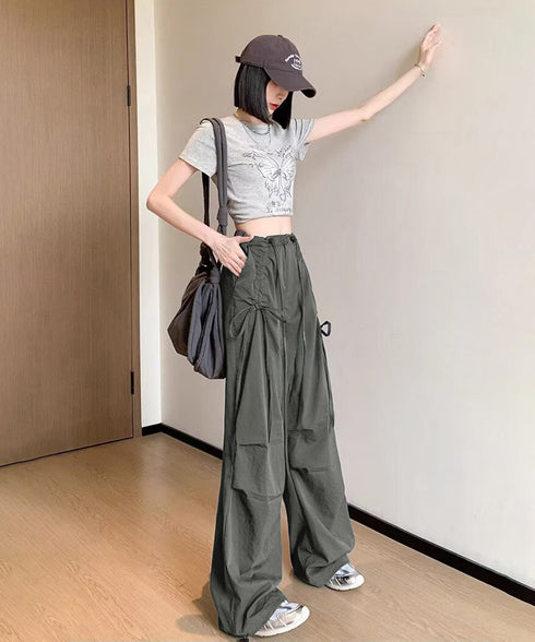 サイドドロスト カーゴパンツ レディース 涼しい速乾ワイドパンツ ゆったり ハイウエストドライパンツ ストリートカジュアルパンツ おしゃれ リボンスポーティパンツ 87DKFSH-005