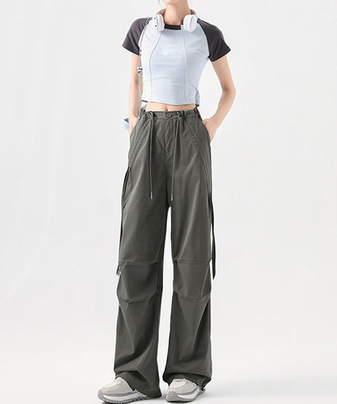 サイドドロスト カーゴパンツ レディース 涼しい速乾ワイドパンツ ゆったり ハイウエストドライパンツ ストリートカジュアルパンツ おしゃれ リボンスポーティパンツ 87DKFSH-005