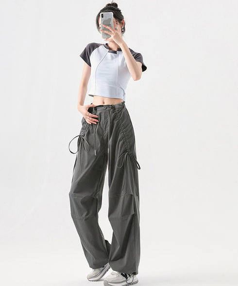 サイドドロスト カーゴパンツ レディース 涼しい速乾ワイドパンツ ゆったり ハイウエストドライパンツ ストリートカジュアルパンツ おしゃれ リボンスポーティパンツ 87DKFSH-005