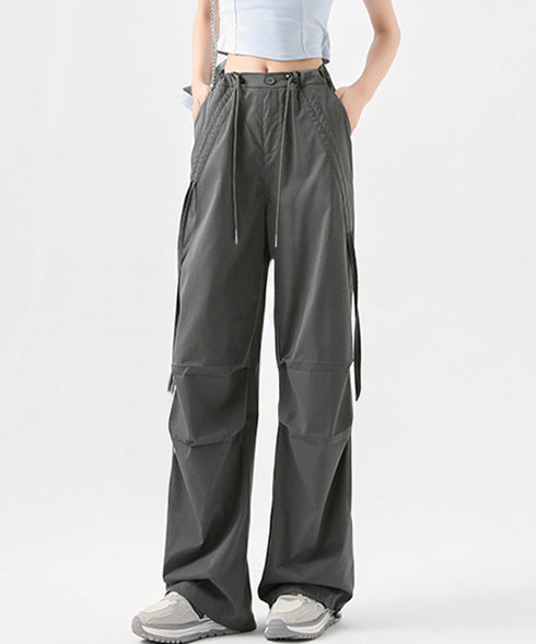 サイドドロスト カーゴパンツ レディース 涼しい速乾ワイドパンツ ゆったり ハイウエストドライパンツ ストリートカジュアルパンツ おしゃれ リボンスポーティパンツ 87DKFSH-005