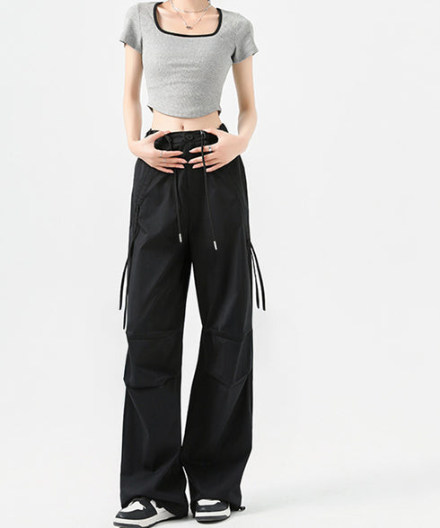 サイドドロスト カーゴパンツ レディース 涼しい速乾ワイドパンツ ゆったり ハイウエストドライパンツ ストリートカジュアルパンツ おしゃれ リボンスポーティパンツ 87DKFSH-005