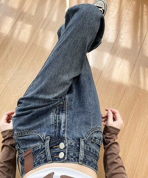 ハイウエスト デニムパンツ ダブルボタン ストレートデニム レディースジーンズ 韓国風ウォッシュデニム 美脚脚長カジュアルパンツお洒落 セミワイドジーパン春夏秋冬 87DKFSH-007