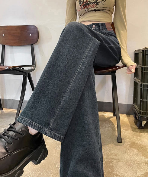 ハイウエスト デニムパンツ ダブルボタン ストレートデニム レディースジーンズ 韓国風ウォッシュデニム 美脚脚長カジュアルパンツお洒落 セミワイドジーパン春夏秋冬 87DKFSH-007