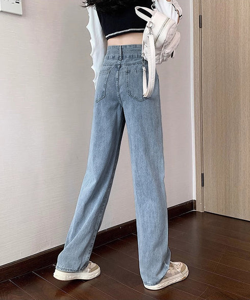 ハイウエスト デニムパンツ ダブルボタン ストレートデニム レディースジーンズ 韓国風ウォッシュデニム 美脚脚長カジュアルパンツお洒落 セミワイドジーパン春夏秋冬 87DKFSH-007