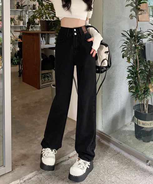 ハイウエスト デニムパンツ ダブルボタン ストレートデニム レディースジーンズ 韓国風ウォッシュデニム 美脚脚長カジュアルパンツお洒落 セミワイドジーパン春夏秋冬 87DKFSH-007