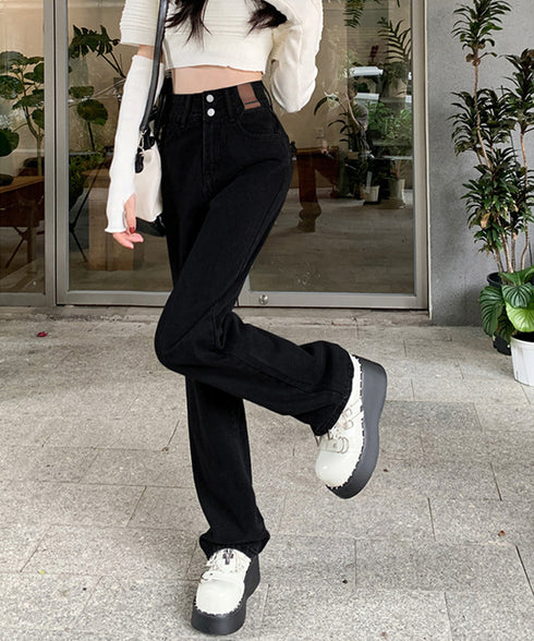 ハイウエスト デニムパンツ ダブルボタン ストレートデニム レディースジーンズ 韓国風ウォッシュデニム 美脚脚長カジュアルパンツお洒落 セミワイドジーパン春夏秋冬 87DKFSH-007