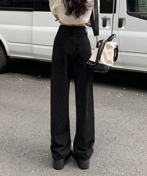 ハイウエスト デニムパンツ ダブルボタン ストレートデニム レディースジーンズ 韓国風ウォッシュデニム 美脚脚長カジュアルパンツお洒落 セミワイドジーパン春夏秋冬 87DKFSH-007