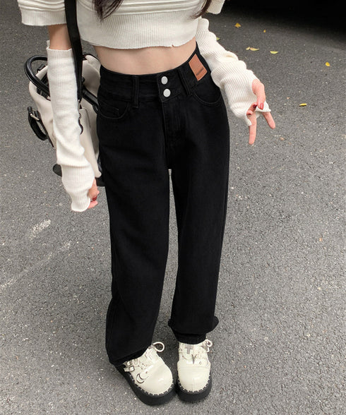 ハイウエスト デニムパンツ ダブルボタン ストレートデニム レディースジーンズ 韓国風ウォッシュデニム 美脚脚長カジュアルパンツお洒落 セミワイドジーパン春夏秋冬 87DKFSH-007