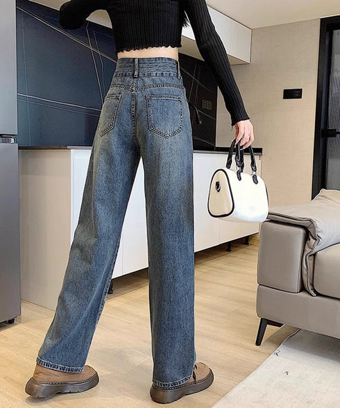 ハイウエスト デニムパンツ ダブルボタン ストレートデニム レディースジーンズ 韓国風ウォッシュデニム 美脚脚長カジュアルパンツお洒落 セミワイドジーパン春夏秋冬 87DKFSH-007