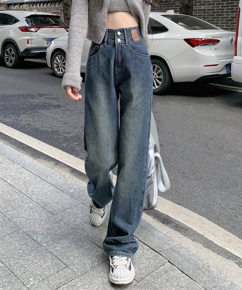 ハイウエスト デニムパンツ ダブルボタン ストレートデニム レディースジーンズ 韓国風ウォッシュデニム 美脚脚長カジュアルパンツお洒落 セミワイドジーパン春夏秋冬 87DKFSH-007