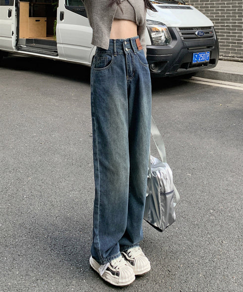 ハイウエスト デニムパンツ ダブルボタン ストレートデニム レディースジーンズ 韓国風ウォッシュデニム 美脚脚長カジュアルパンツお洒落 セミワイドジーパン春夏秋冬 87DKFSH-007