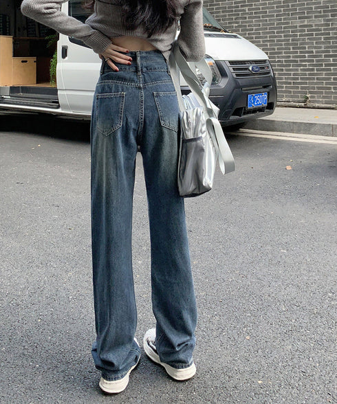 ハイウエスト デニムパンツ ダブルボタン ストレートデニム レディースジーンズ 韓国風ウォッシュデニム 美脚脚長カジュアルパンツお洒落 セミワイドジーパン春夏秋冬 87DKFSH-007