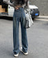 ハイウエスト デニムパンツ ダブルボタン ストレートデニム レディースジーンズ 韓国風ウォッシュデニム 美脚脚長カジュアルパンツお洒落 セミワイドジーパン春夏秋冬 87DKFSH-007