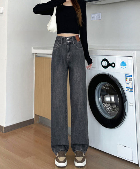 ハイウエスト デニムパンツ ダブルボタン ストレートデニム レディースジーンズ 韓国風ウォッシュデニム 美脚脚長カジュアルパンツお洒落 セミワイドジーパン春夏秋冬 87DKFSH-007