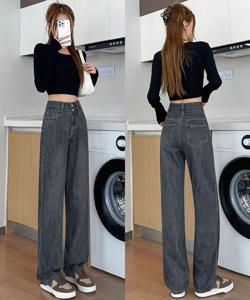 ハイウエスト デニムパンツ ダブルボタン ストレートデニム レディースジーンズ 韓国風ウォッシュデニム 美脚脚長カジュアルパンツお洒落 セミワイドジーパン春夏秋冬 87DKFSH-007