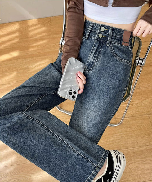 ハイウエスト デニムパンツ ダブルボタン ストレートデニム レディースジーンズ 韓国風ウォッシュデニム 美脚脚長カジュアルパンツお洒落 セミワイドジーパン春夏秋冬 87DKFSH-007