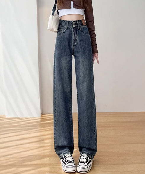 ハイウエスト デニムパンツ ダブルボタン ストレートデニム レディースジーンズ 韓国風ウォッシュデニム 美脚脚長カジュアルパンツお洒落 セミワイドジーパン春夏秋冬 87DKFSH-007