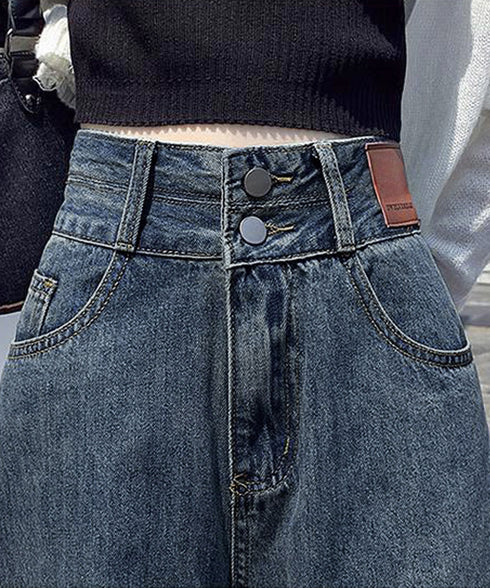 ハイウエスト デニムパンツ ダブルボタン ストレートデニム レディースジーンズ 韓国風ウォッシュデニム 美脚脚長カジュアルパンツお洒落 セミワイドジーパン春夏秋冬 87DKFSH-007