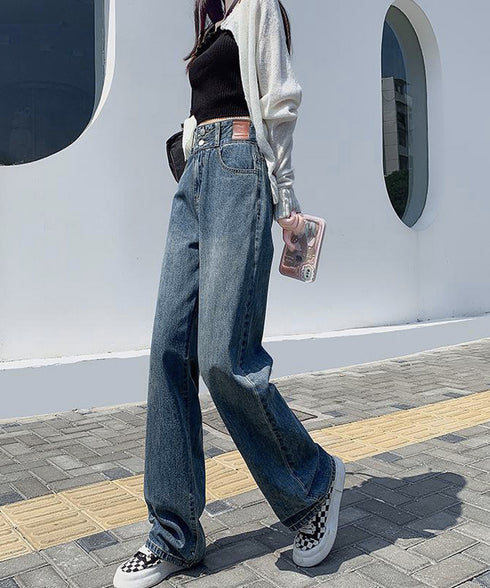 ハイウエスト デニムパンツ ダブルボタン ストレートデニム レディースジーンズ 韓国風ウォッシュデニム 美脚脚長カジュアルパンツお洒落 セミワイドジーパン春夏秋冬 87DKFSH-007