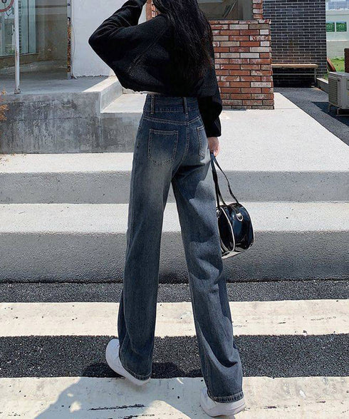 ハイウエスト デニムパンツ ダブルボタン ストレートデニム レディースジーンズ 韓国風ウォッシュデニム 美脚脚長カジュアルパンツお洒落 セミワイドジーパン春夏秋冬 87DKFSH-007