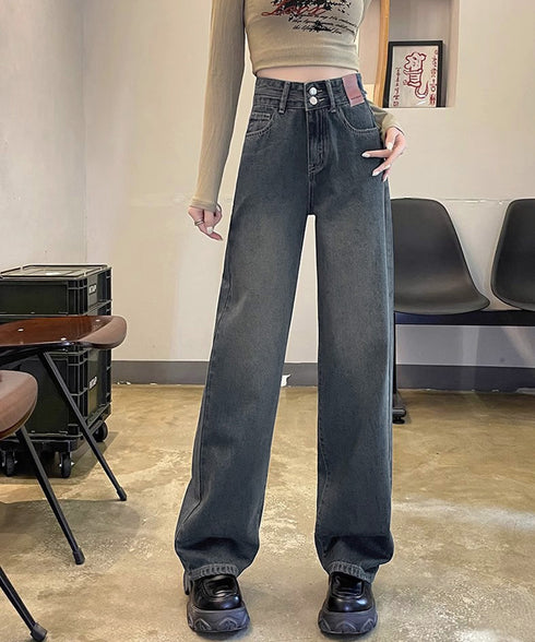 ハイウエスト デニムパンツ ダブルボタン ストレートデニム レディースジーンズ 韓国風ウォッシュデニム 美脚脚長カジュアルパンツお洒落 セミワイドジーパン春夏秋冬 87DKFSH-007