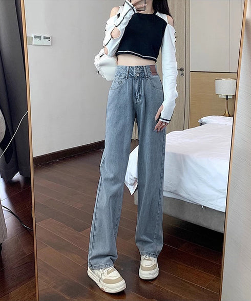 ハイウエスト デニムパンツ ダブルボタン ストレートデニム レディースジーンズ 韓国風ウォッシュデニム 美脚脚長カジュアルパンツお洒落 セミワイドジーパン春夏秋冬 87DKFSH-007