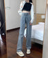 ハイウエスト デニムパンツ ダブルボタン ストレートデニム レディースジーンズ 韓国風ウォッシュデニム 美脚脚長カジュアルパンツお洒落 セミワイドジーパン春夏秋冬 87DKFSH-007