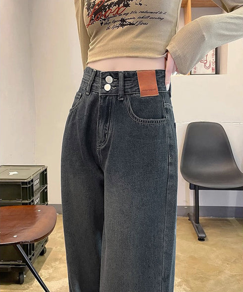 ハイウエスト デニムパンツ ダブルボタン ストレートデニム レディースジーンズ 韓国風ウォッシュデニム 美脚脚長カジュアルパンツお洒落 セミワイドジーパン春夏秋冬 87DKFSH-007