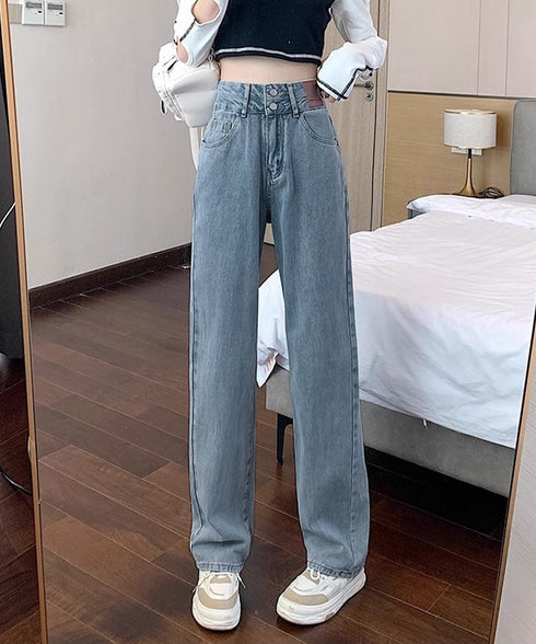 ハイウエスト デニムパンツ ダブルボタン ストレートデニム レディースジーンズ 韓国風ウォッシュデニム 美脚脚長カジュアルパンツお洒落 セミワイドジーパン春夏秋冬 87DKFSH-007