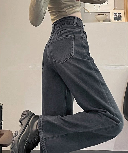 ハイウエスト デニムパンツ ダブルボタン ストレートデニム レディースジーンズ 韓国風ウォッシュデニム 美脚脚長カジュアルパンツお洒落 セミワイドジーパン春夏秋冬 87DKFSH-007