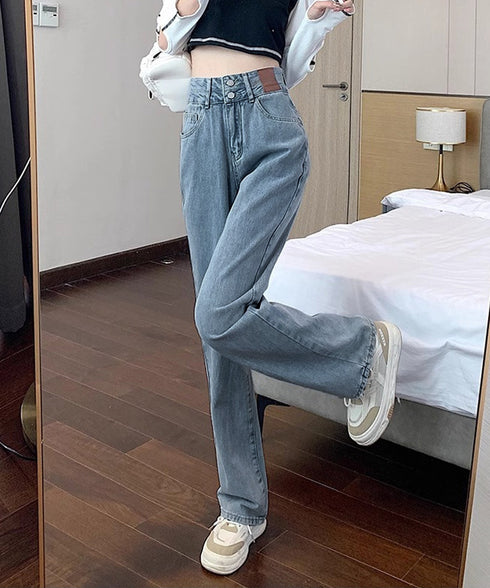 ハイウエスト デニムパンツ ダブルボタン ストレートデニム レディースジーンズ 韓国風ウォッシュデニム 美脚脚長カジュアルパンツお洒落 セミワイドジーパン春夏秋冬 87DKFSH-007