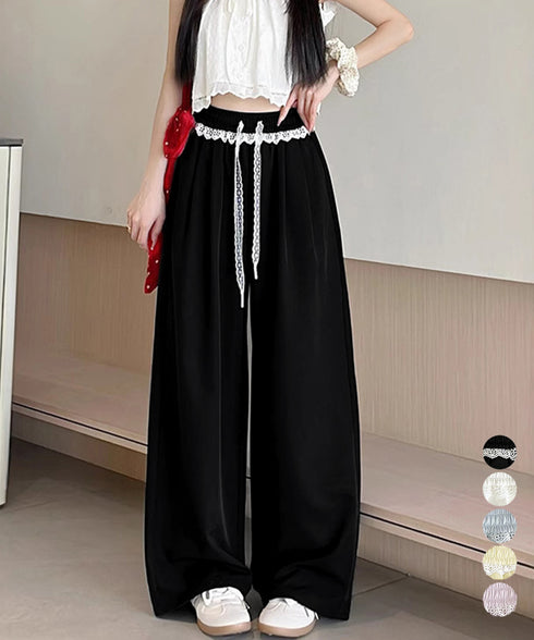 レース付きワイドパンツ イージーパンツ夏 レディース ハイウエストリラックスパンツ 大人カジュアル 楽ちんパンツ 涼しげズボン着やせ ゆったりロングパンツ 薄手 87FUYAN-001