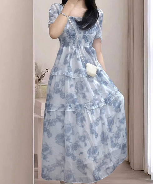 ティアードロングワンピースレディース夏服 大人可愛いシャーリングワンピース 着やせ 花柄シフォンワンピース 体型カバー スクエアネック 半袖リゾートワンピース旅行 87GUJI-001