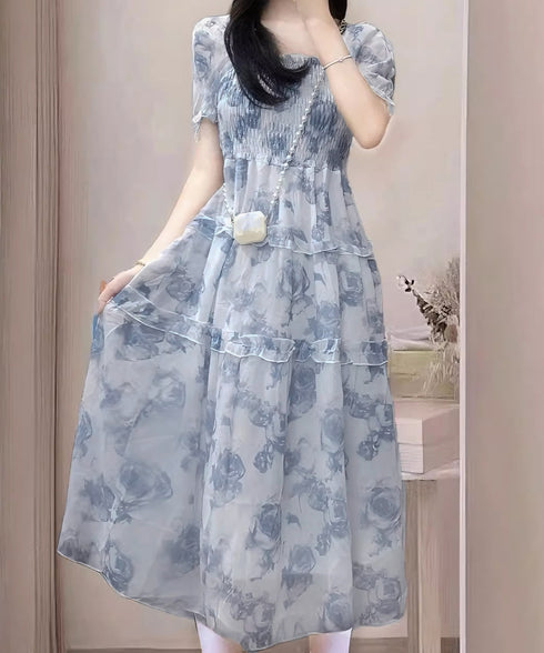 ティアードロングワンピースレディース夏服 大人可愛いシャーリングワンピース 着やせ 花柄シフォンワンピース 体型カバー スクエアネック 半袖リゾートワンピース旅行 87GUJI-001