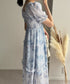 ティアードロングワンピースレディース夏服 大人可愛いシャーリングワンピース 着やせ 花柄シフォンワンピース 体型カバー スクエアネック 半袖リゾートワンピース旅行 87GUJI-001