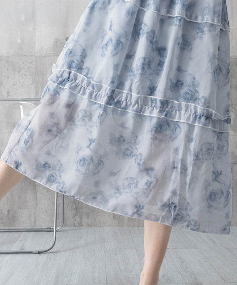 ティアードロングワンピースレディース夏服 大人可愛いシャーリングワンピース 着やせ 花柄シフォンワンピース 体型カバー スクエアネック 半袖リゾートワンピース旅行 87GUJI-001