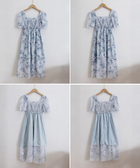 ティアードロングワンピースレディース夏服 大人可愛いシャーリングワンピース 着やせ 花柄シフォンワンピース 体型カバー スクエアネック 半袖リゾートワンピース旅行 87GUJI-001
