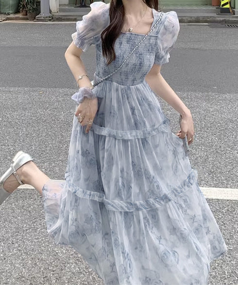 ティアードロングワンピースレディース夏服 大人可愛いシャーリングワンピース 着やせ 花柄シフォンワンピース 体型カバー スクエアネック 半袖リゾートワンピース旅行 87GUJI-001