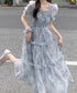 ティアードロングワンピースレディース夏服 大人可愛いシャーリングワンピース 着やせ 花柄シフォンワンピース 体型カバー スクエアネック 半袖リゾートワンピース旅行 87GUJI-001