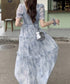 ティアードロングワンピースレディース夏服 大人可愛いシャーリングワンピース 着やせ 花柄シフォンワンピース 体型カバー スクエアネック 半袖リゾートワンピース旅行 87GUJI-001